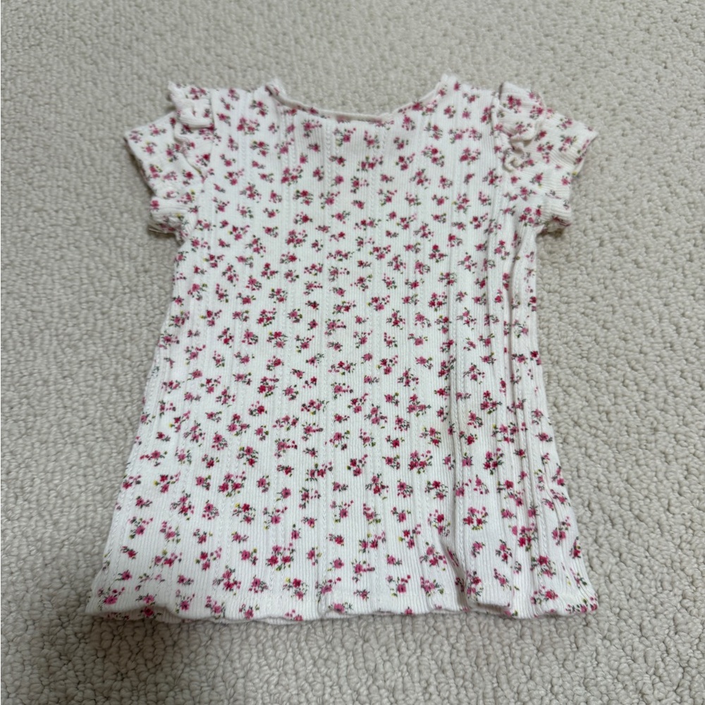 Zara Cream Floral Ribbed Short Sleeve Top with Pink Flowers
